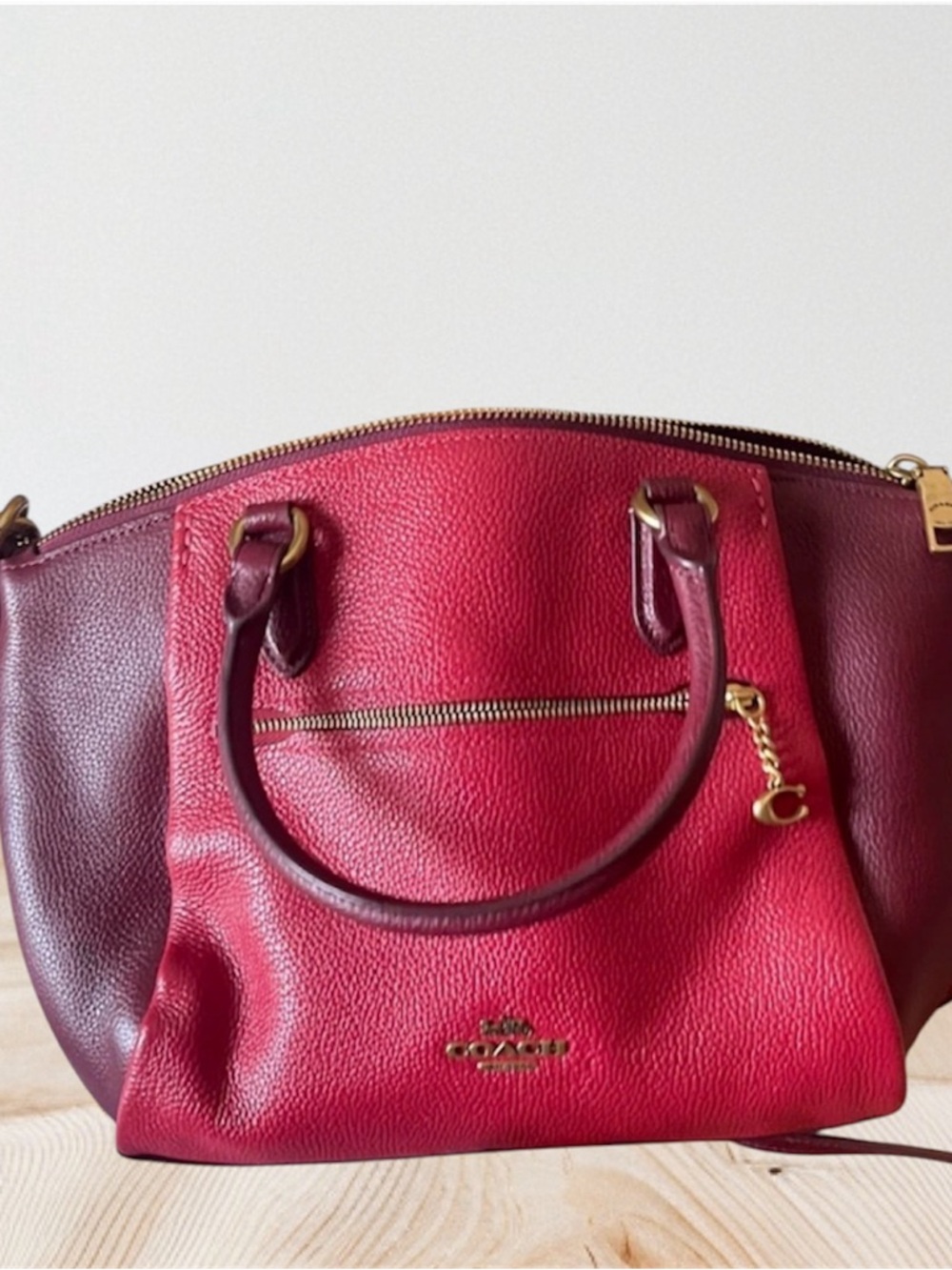 Coach Two-Tone Pebbled Leather Satchel in Red and Burgundy
